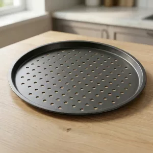 round pizza pan, pizza tray, pizza pan with holes, perforated pizza pan