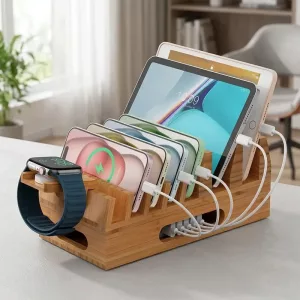 Wooden Bamboo Phone Charging Docking Station for Multiple Devices